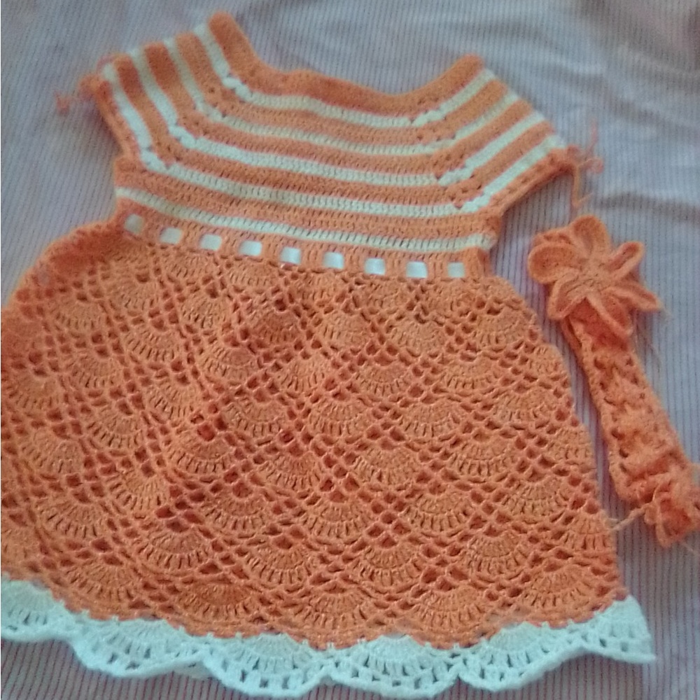 Charming Orange and White Crochet Kids Dress